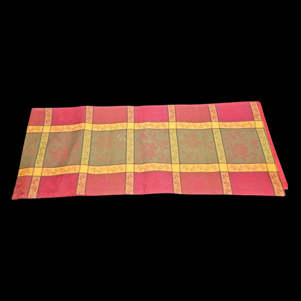 Autumn Harvest Plaid Table Runner Red Green Gold Floral Jacquard 67x13